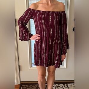 Lush Off-Shoulder Long Sleeve Dress in Burgundy